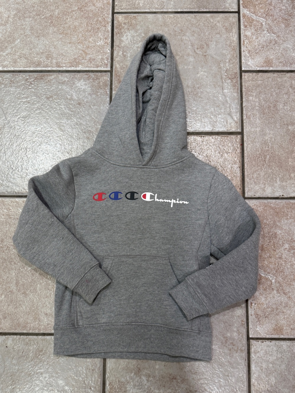 Boys size 5. Champion Gray Hooded Zip-Up Sweatshirt with Multi-Color Logos